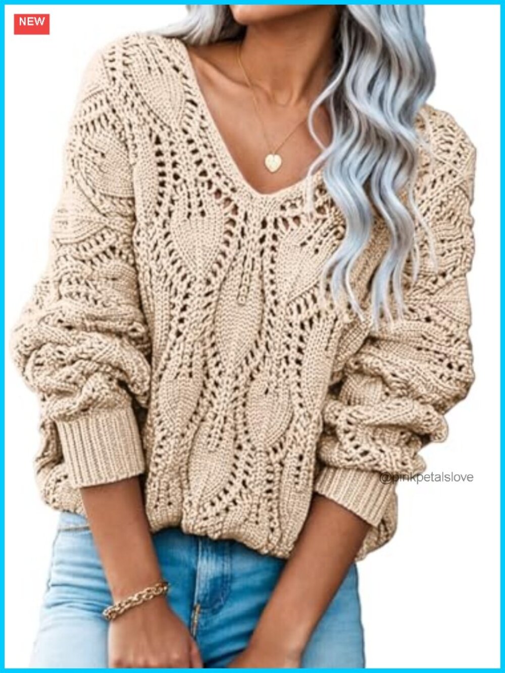 Dokotoo Womens V Neck Crochet Hollow Out Winter Pullover Sweater